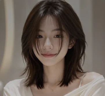Smiling woman with shoulder-length hair and soft brows