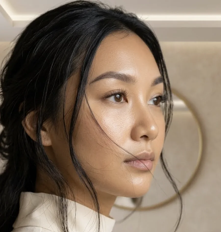 Woman with glowing skin and soft, defined brows